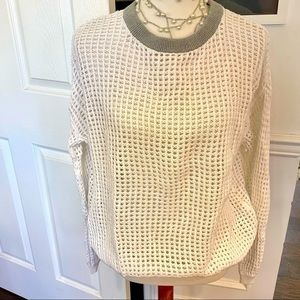 Leith White Open Knit Crew Neck Sweater, Medium - image 1